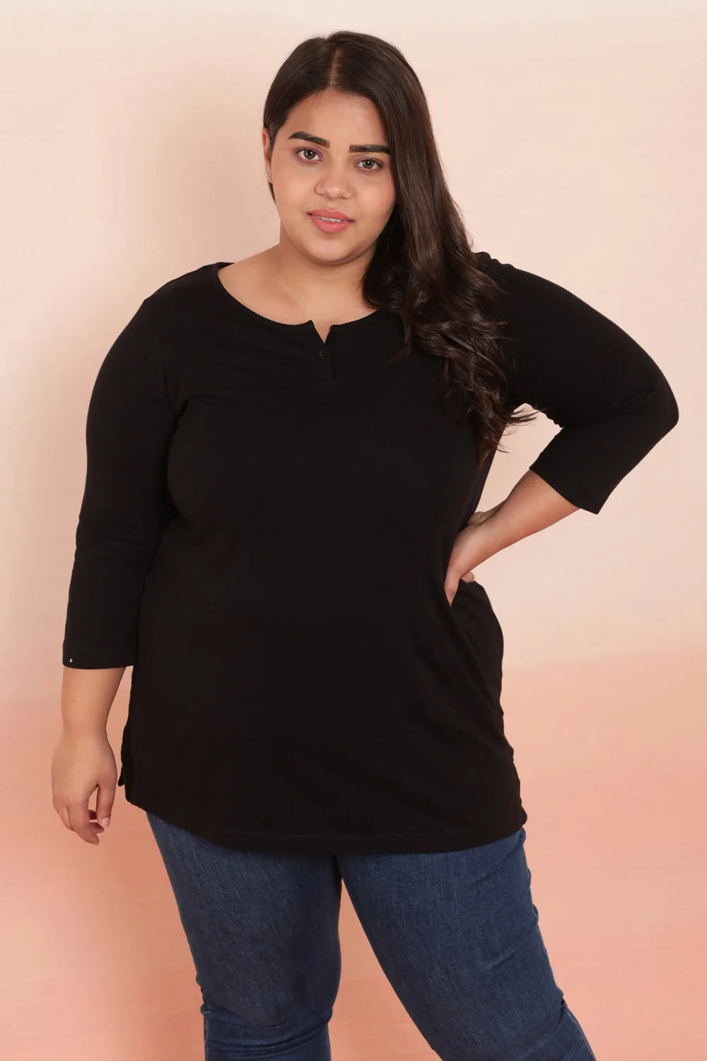 Plus Size Black Henley Cotton Tshirt