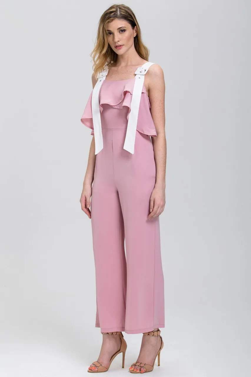 Rania Fawaz - Rose and White Belt Strap Off the Shoulder Jumpsuit