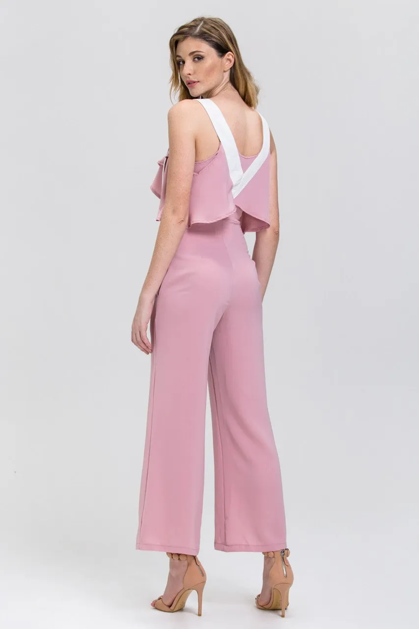 Rania Fawaz - Rose and White Belt Strap Off the Shoulder Jumpsuit