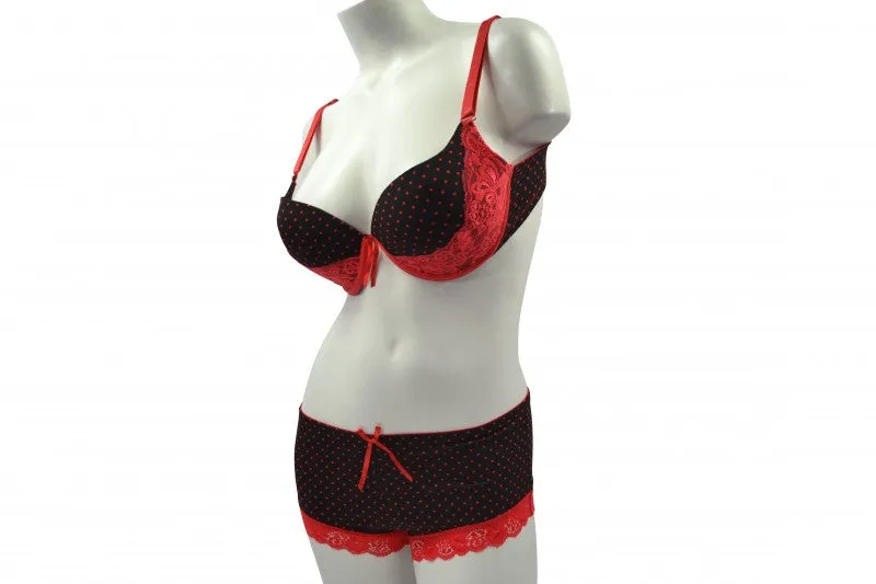 Red & Black Dots & Lace Plus Size Bra & Panty Set