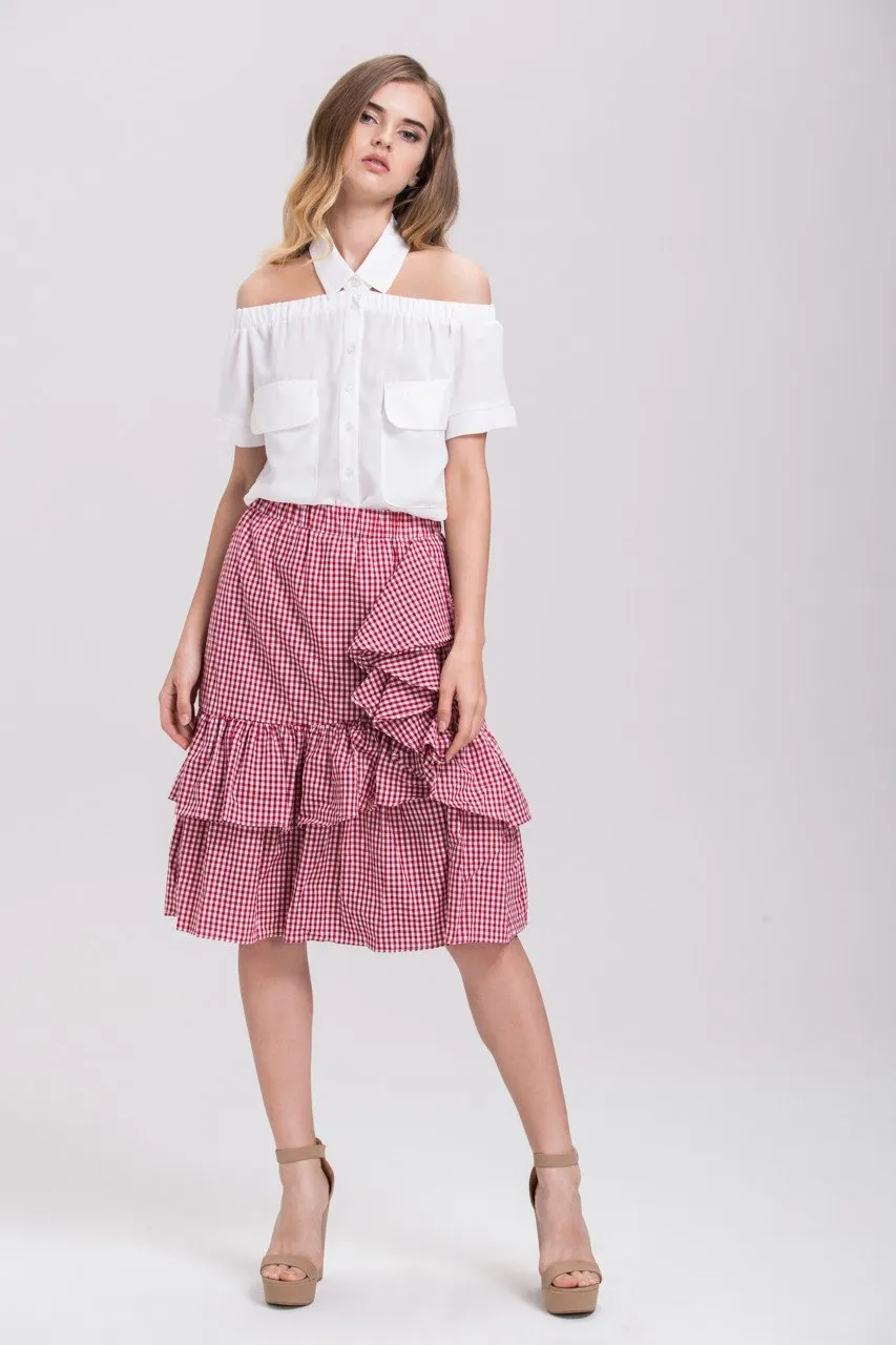 Red Ruffled Gingham Midi Skirt