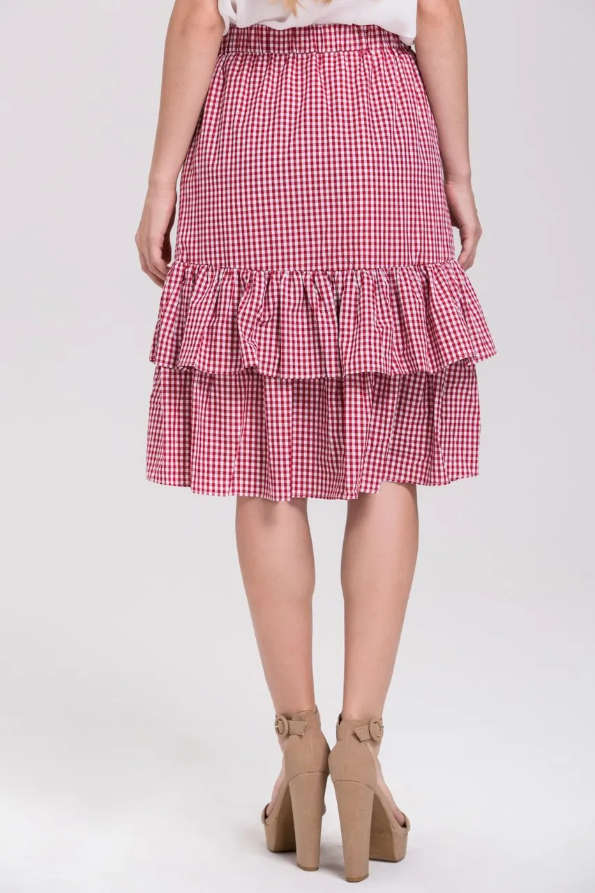 Red Ruffled Gingham Midi Skirt