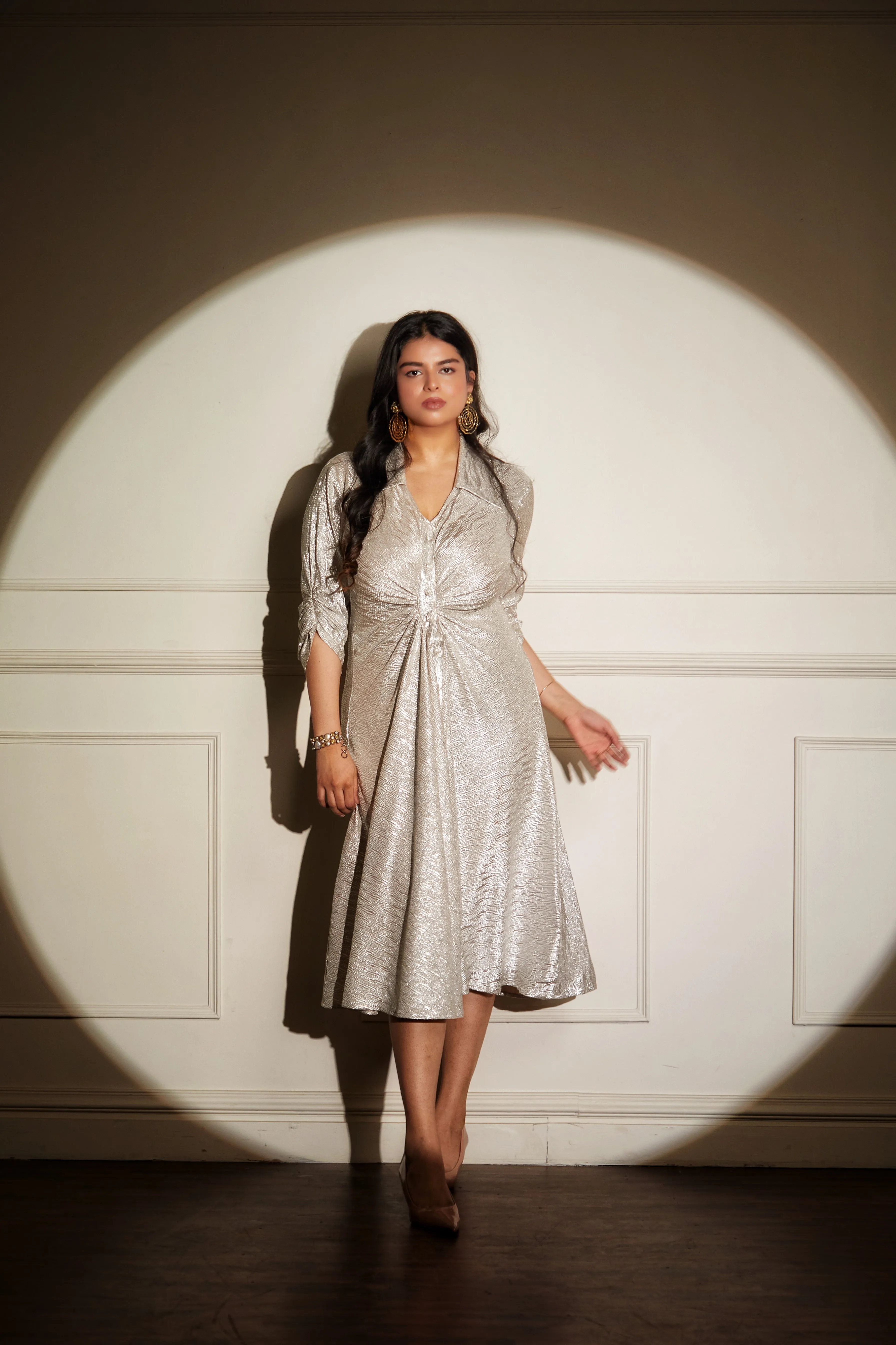 SILVER CINCHED MIDI DRESS