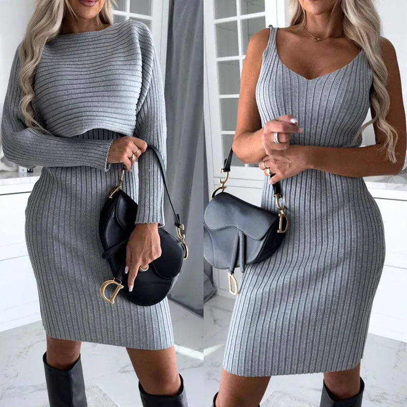 Solid Stripe Long-sleeved Top And Tight Suspender Skirt