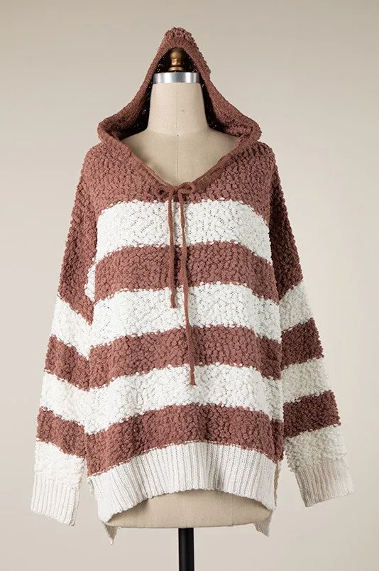 STRIPED POPCORN KNIT HOODIE SWEATER 1 PACK