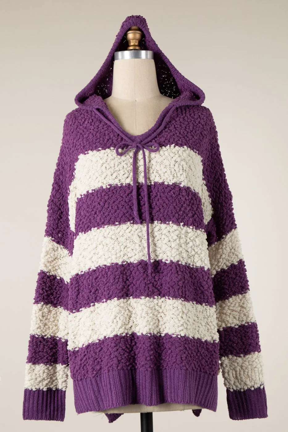 STRIPED POPCORN KNIT HOODIE SWEATER 1 PACK