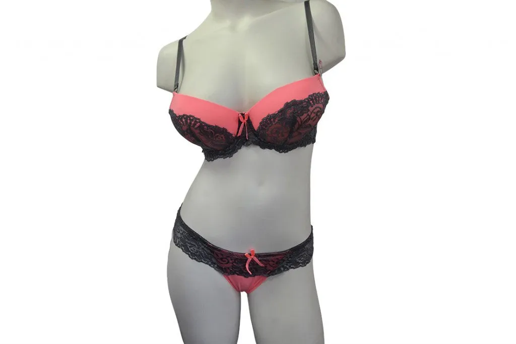 Sweet Coral & Gray Lace Bra & Panty Set