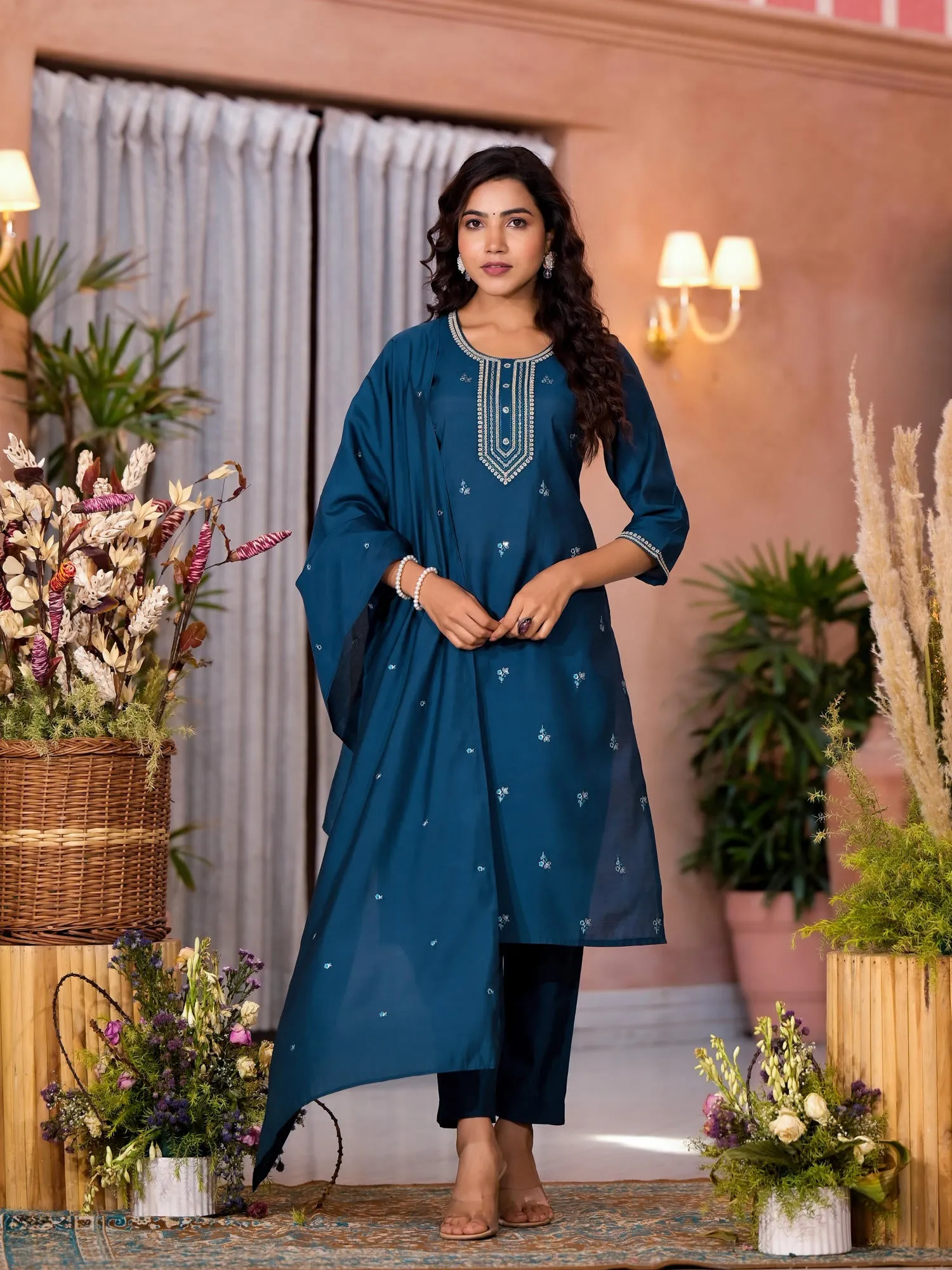 Teal Thread Work Embroidered Viscose Kurta Pant And Dupatta Set With Buttons Work