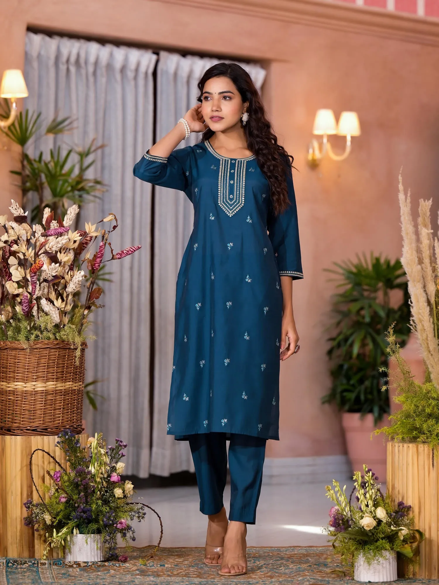 Teal Thread Work Embroidered Viscose Kurta Pant And Dupatta Set With Buttons Work