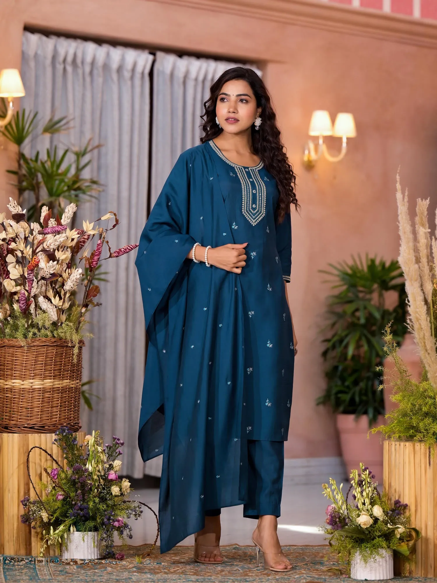 Teal Thread Work Embroidered Viscose Kurta Pant And Dupatta Set With Buttons Work