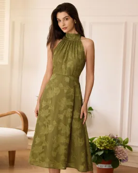 The Green Jacquard Ruched Halter Midi Dress