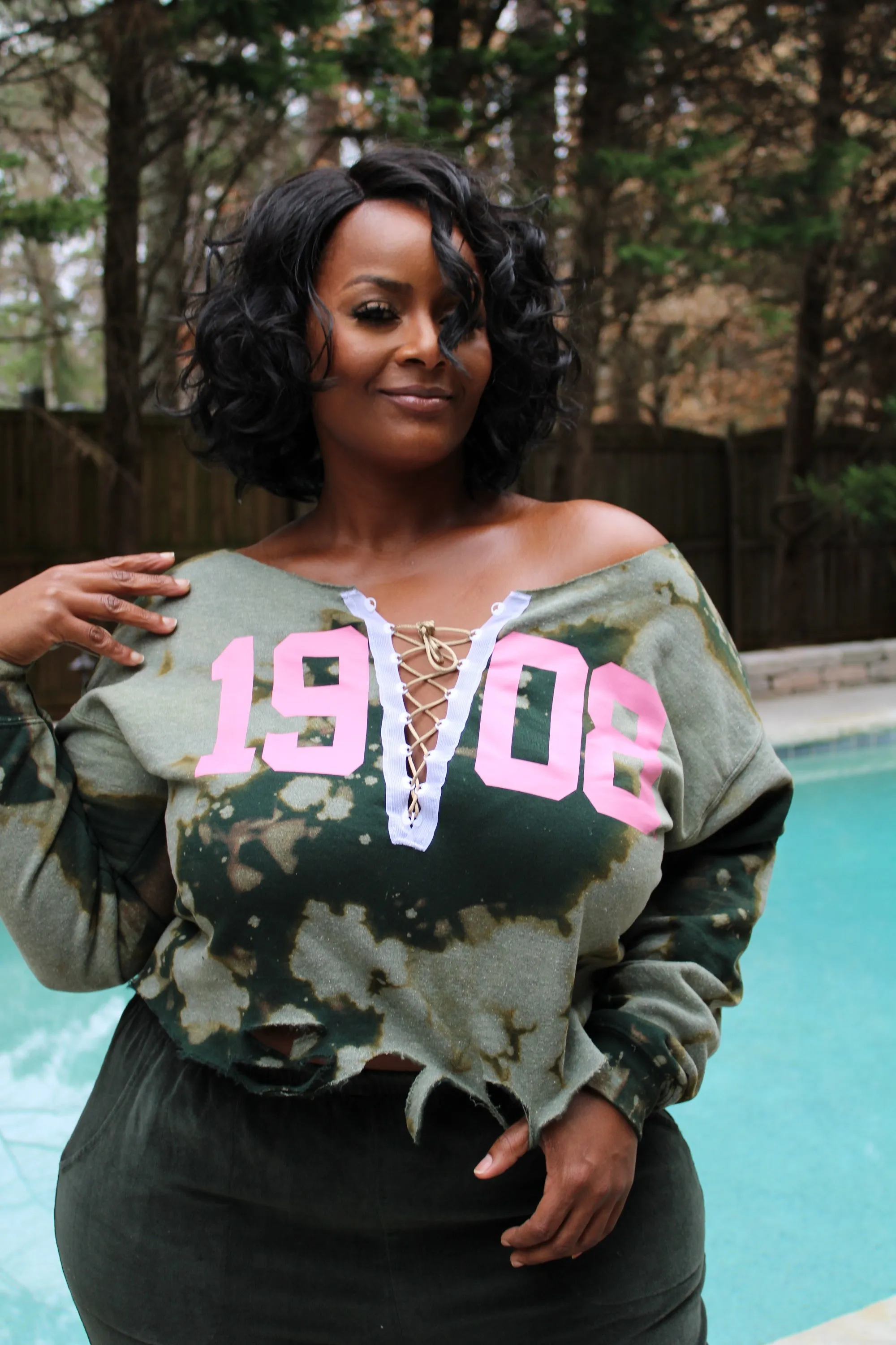 The Signature "Girls Night Out" Forest 1908 Stonewash Off-Shoulder Corset Sweatshirt - 15% OFF with code "MYS15" Now