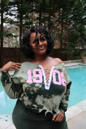 The Signature "Girls Night Out" Forest 1908 Stonewash Off-Shoulder Corset Sweatshirt - 15% OFF with code "MYS15" Now