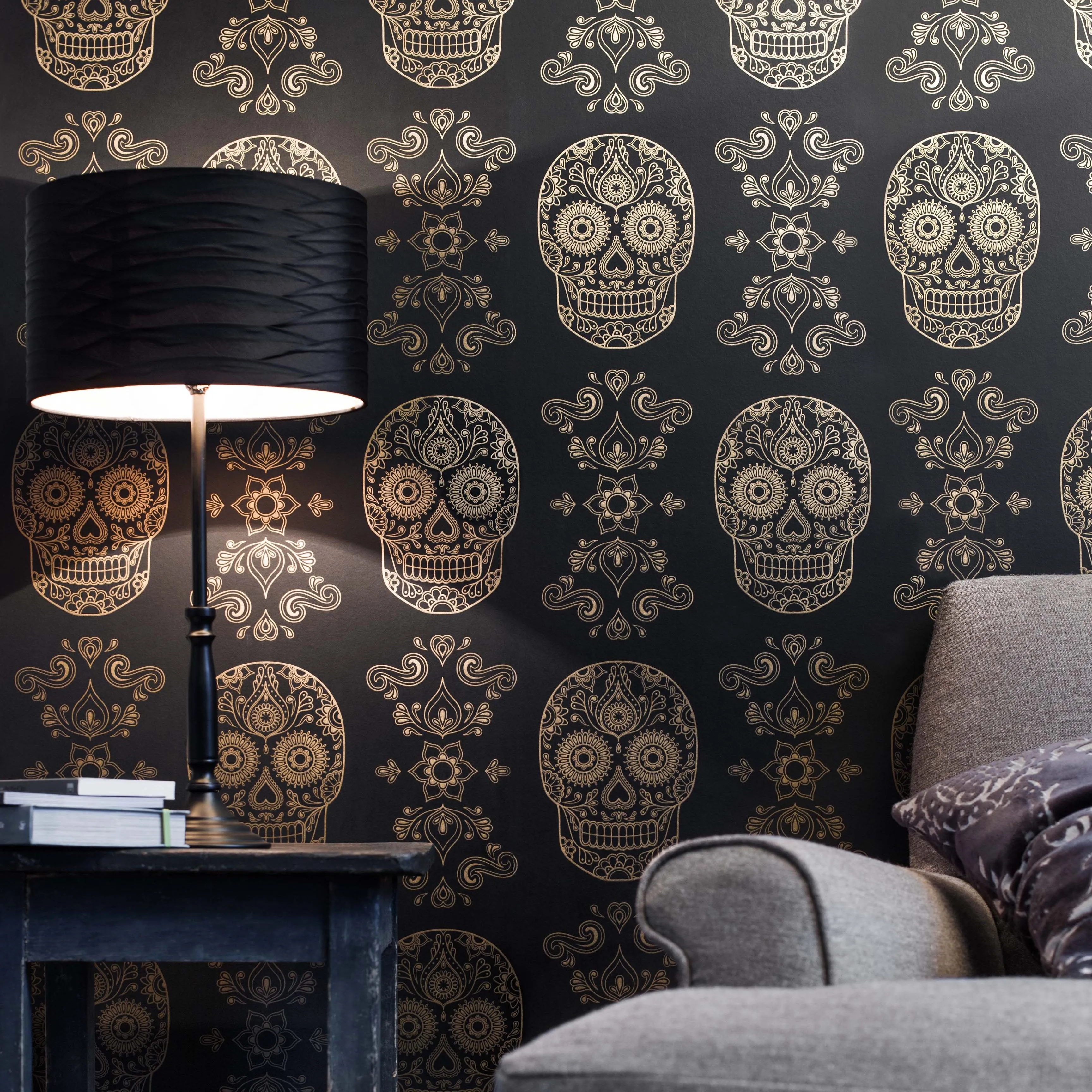 The Sugar Skull Wallpaper - Black & Gold