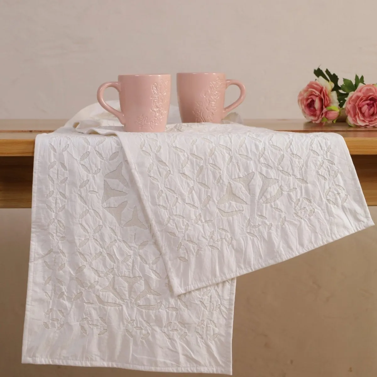 Tuscan Pink Luxury Coffee & Tea Mugs Set Of 2 with Applique Dining Table Runner | Rakshabandhan Gift | Handmade In India