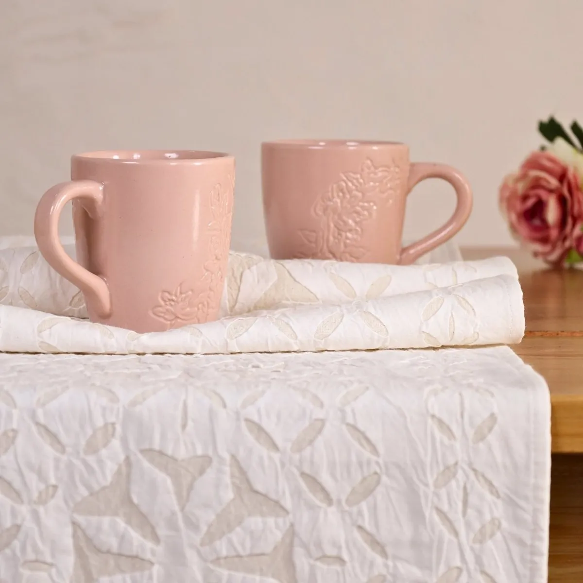 Tuscan Pink Luxury Coffee & Tea Mugs Set Of 2 with Applique Dining Table Runner | Rakshabandhan Gift | Handmade In India