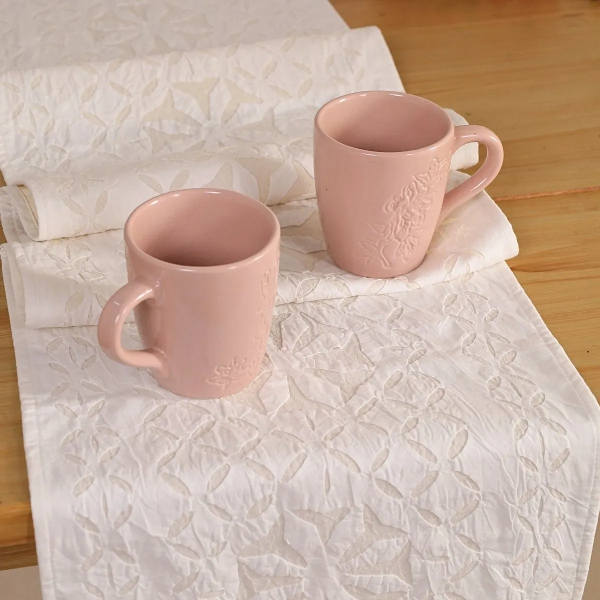 Tuscan Pink Luxury Coffee & Tea Mugs Set Of 2 with Applique Dining Table Runner | Rakshabandhan Gift | Handmade In India