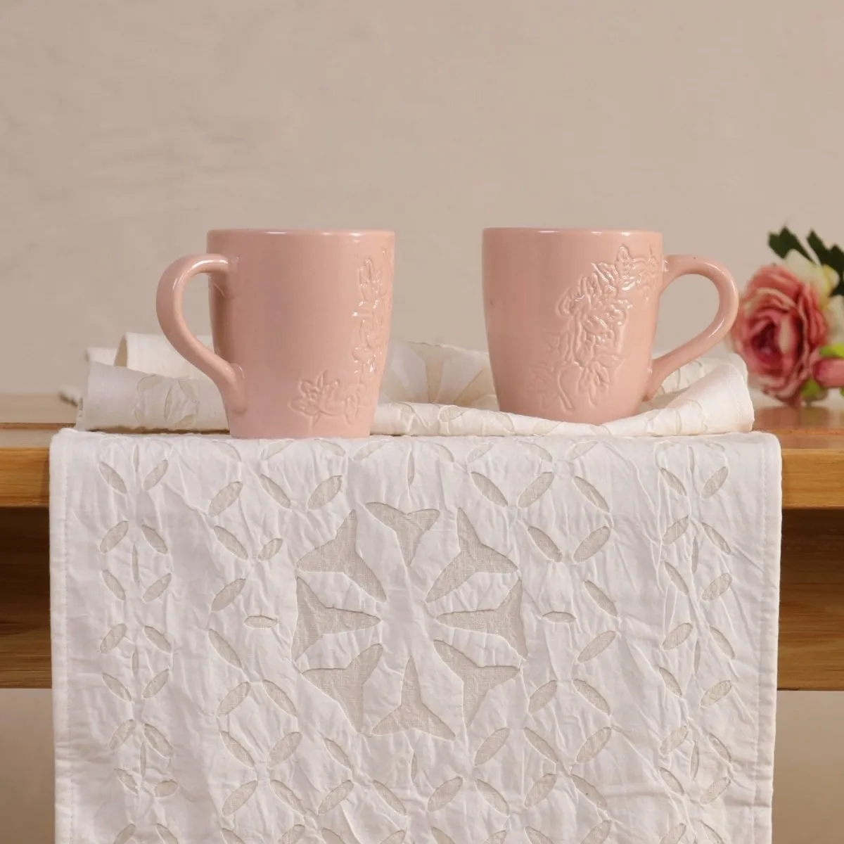 Tuscan Pink Luxury Coffee & Tea Mugs Set Of 2 with Applique Dining Table Runner | Rakshabandhan Gift | Handmade In India