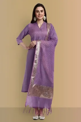 V-Neck Silk Mauve Chanderi Kurta & Pant - Set of 3