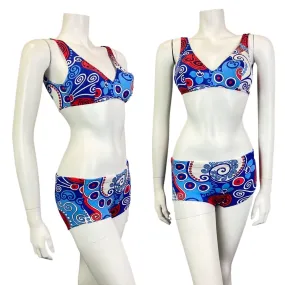 VINTAGE 60s 70s BLUE RED WHITE PSYCHEDLEIC SWIRL MOD BIKINI BRALETTE SHORTS 4