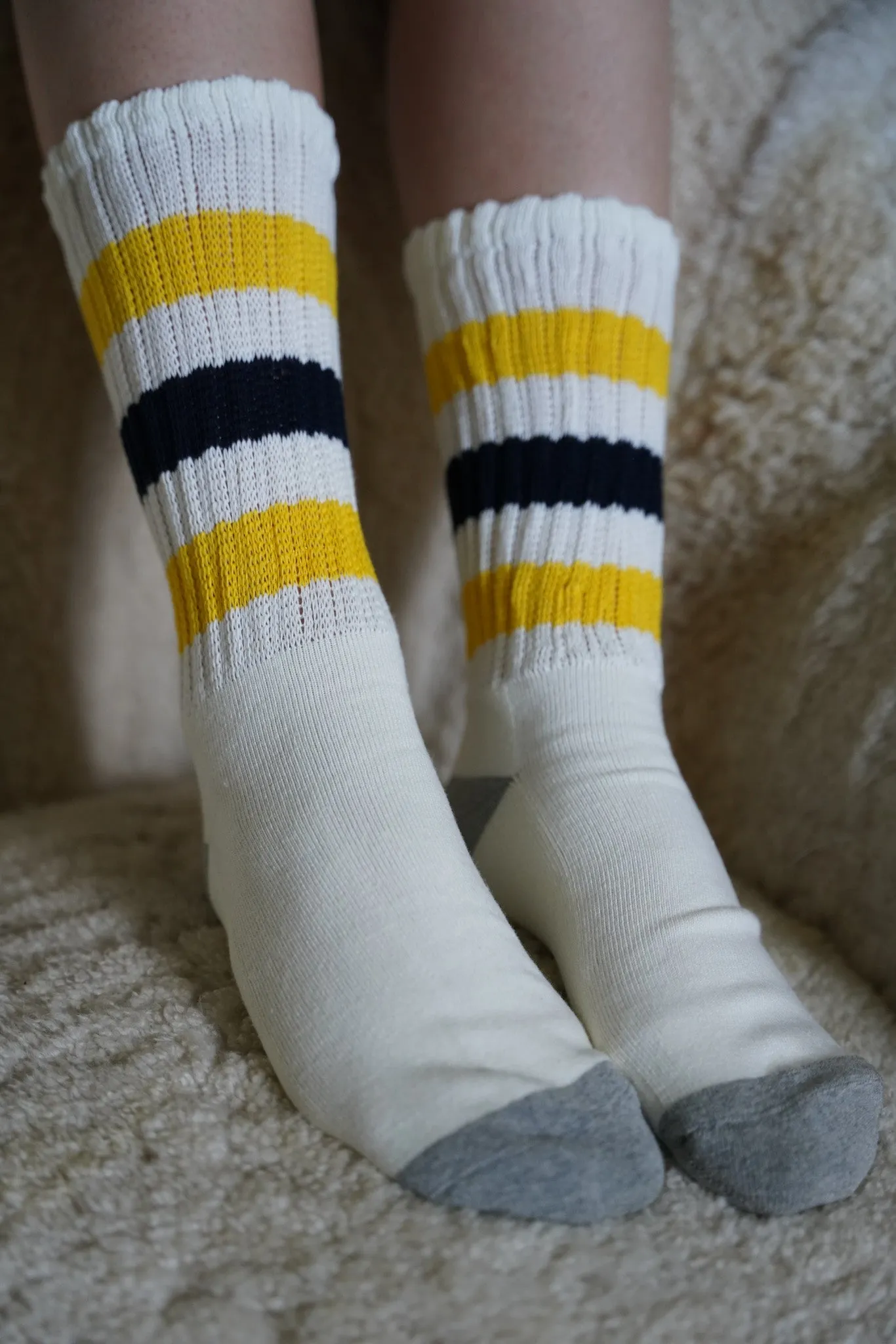 White, Navy & Yellow Stripe Vintage Socks