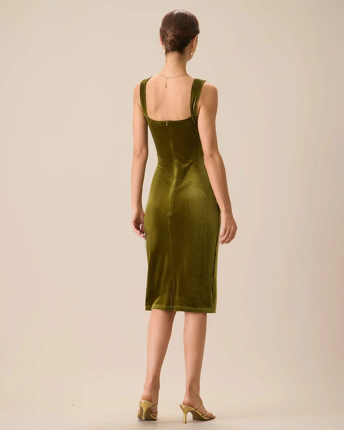 Women's Green Velvet Bodycon Midi Dress