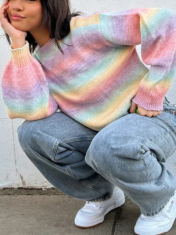 Women's Striped Ombre Crew Neck Casual Jumper