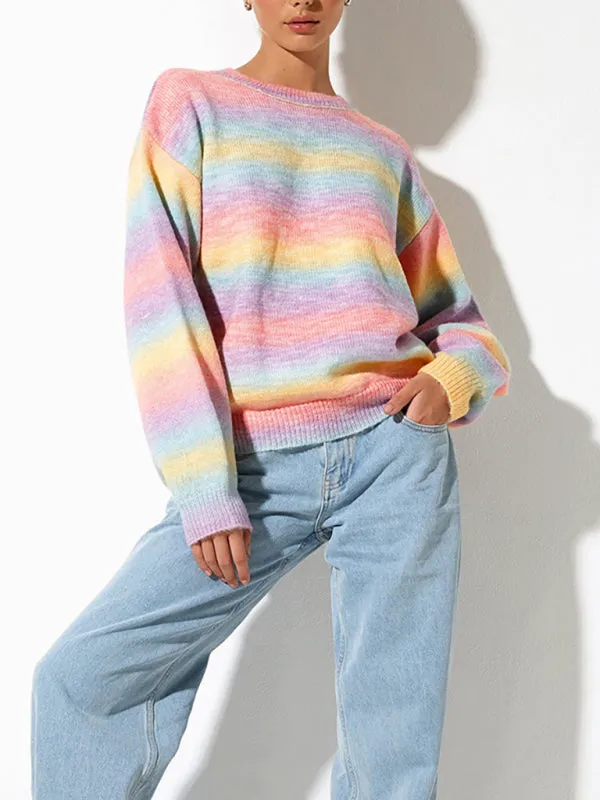 Women's Striped Ombre Crew Neck Casual Jumper